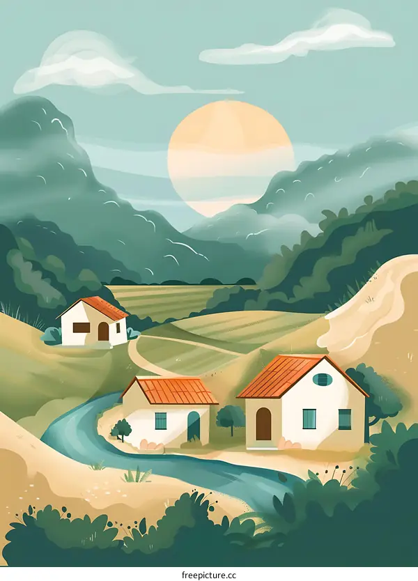 Peaceful Mountain Village Landscape Illustration