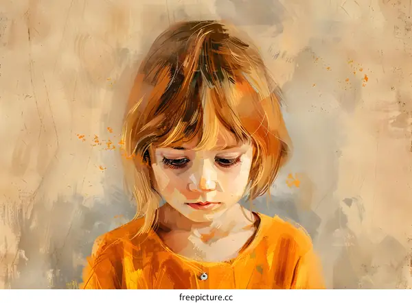 Digital Painting of a Young Girl with Red Hair Looking Down