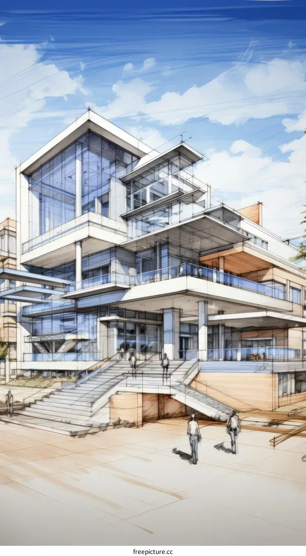 An illustration of a modern office building with people walking around