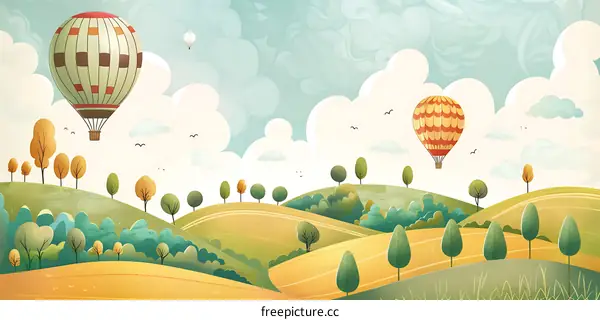 Hot Air Balloons Flying Over Green Hills With Clouds