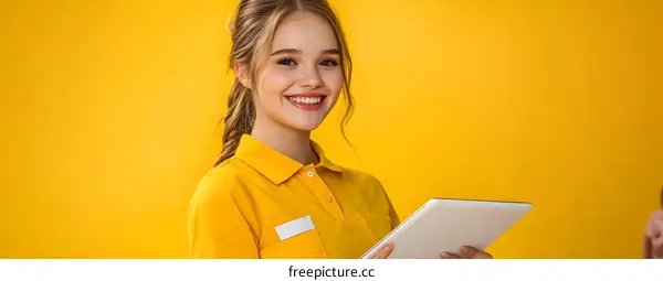 Smiling Woman with Blonde Hair Holding Tablet Against Yellow Background