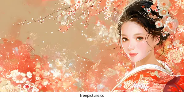A beautiful Japanese woman in a kimono with cherry blossoms