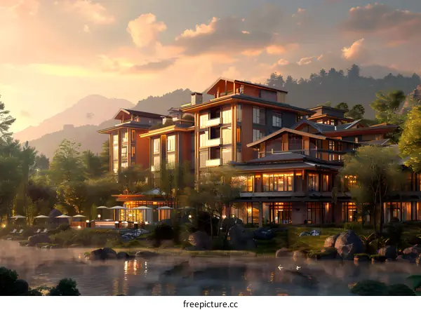 Lakeside resort at dusk