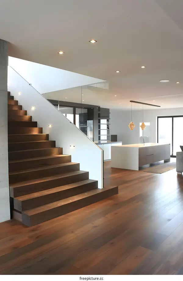 Modern Home Interior Design With Wooden Stairs And Hardwood Floor
