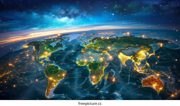 Earth from space showing city lights and a glowing network of connections between them