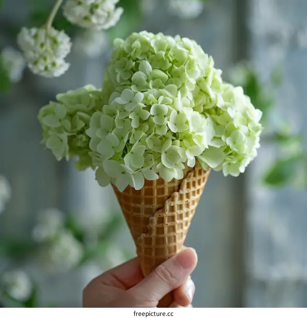 A Summery Delight: Hand Holding an Ice Cream Cone Made of Green Hydrangeas