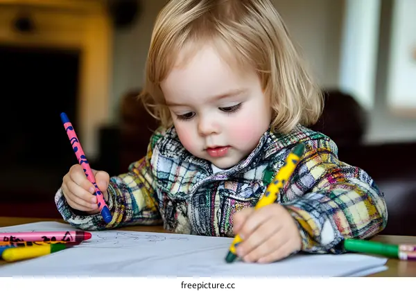 Little Girl Drawing With Crayons On Paper