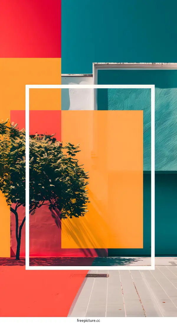 Minimalist Abstract Cityscape with Tree and White Frame