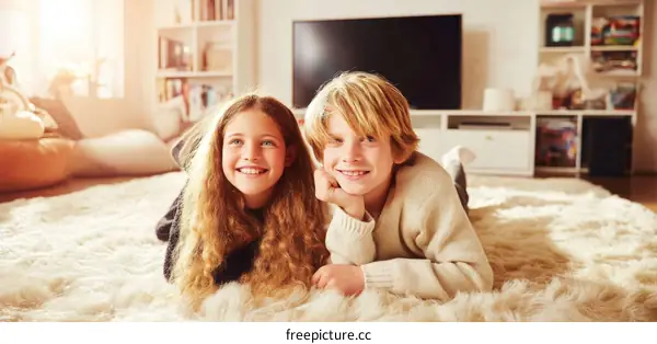 Two Children Relaxing on a Fluffy Carpet
