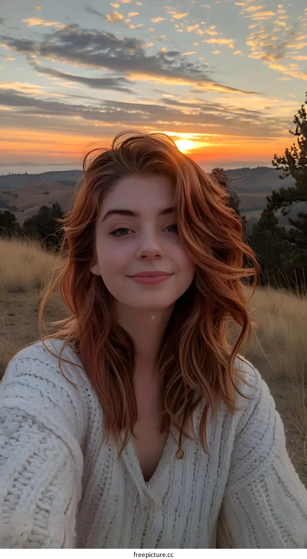 portrait of a young woman in a white sweater at sunset