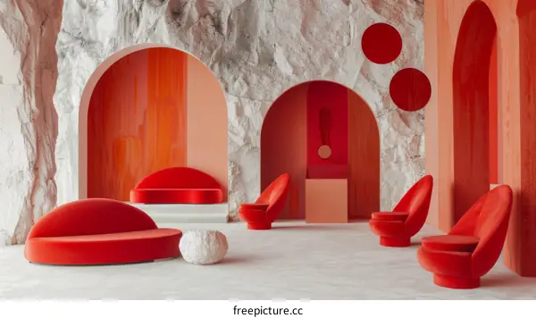 Modern interior design with red walls and curved furniture