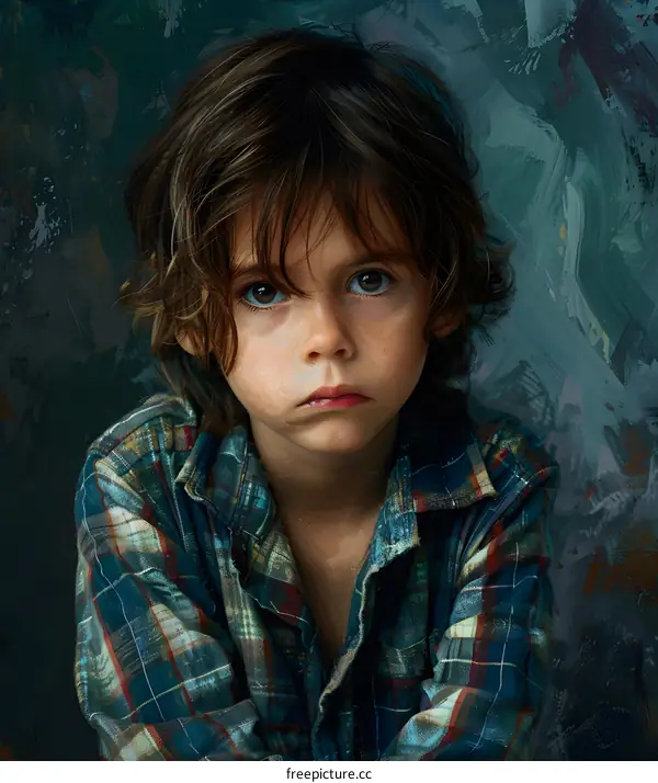 Portrait of a boy with brown hair and blue eyes wearing a plaid shirt