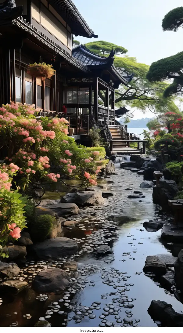 Japanese garden with a beautiful pond