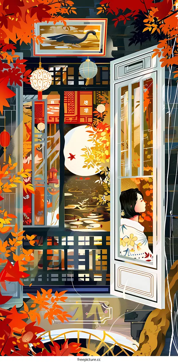 Chinese Woman Looking Out Window with Red Autumn Leaves