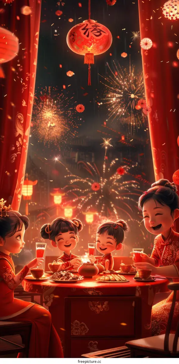 A family of four is celebrating Chinese New Year