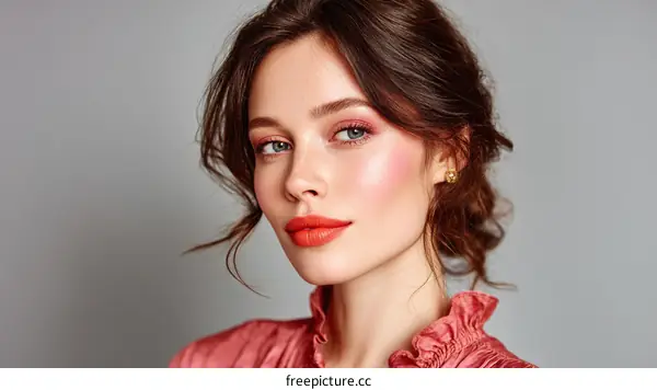 Portrait of Young Woman with Hairstyle and Red Lipstick