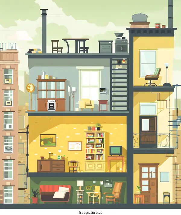 Inside View of a Modern Apartment Building with Various Rooms