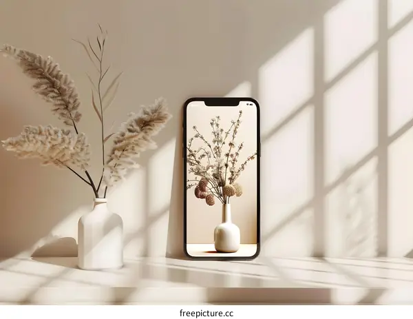 Minimalist Phone Mockup with Flowers and Dried Pampas Grass