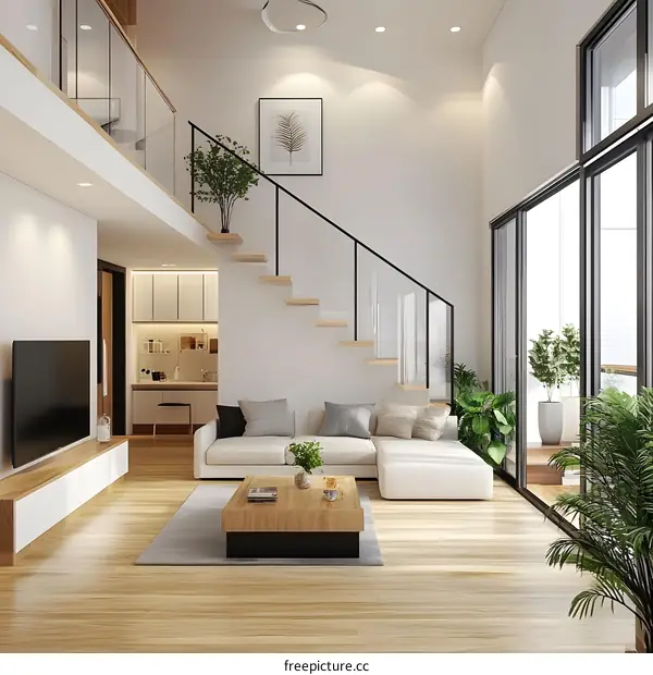 Modern Living Room Interior Design with Wooden Floor and Stairs