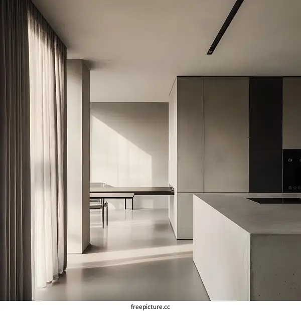 Minimalist Modern Kitchen Design With Concrete Walls And Light