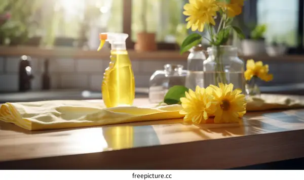 Yellow Flowers and Cleaning Spray on Kitchen Counter with Copy Space
