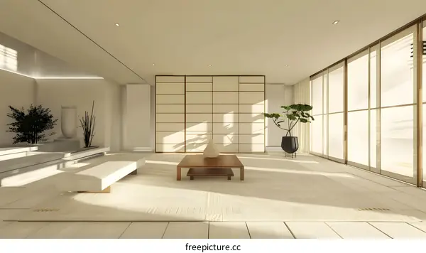 Minimalist Japanese Style Living Room Interior Design with White Walls and Wooden Floor