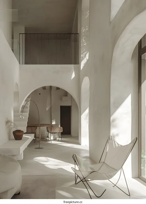 Modern Minimalist Interior Design With White Walls and Arched Windows