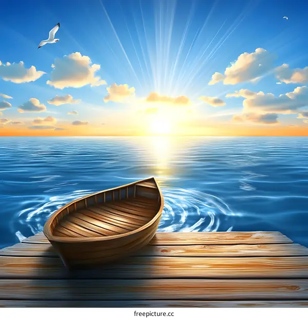 Sunrise Over Ocean with Wooden Boat on Dock