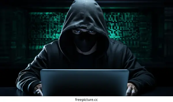 Masked Hacker Working on Laptop in Dark Room with Green Circuit Board