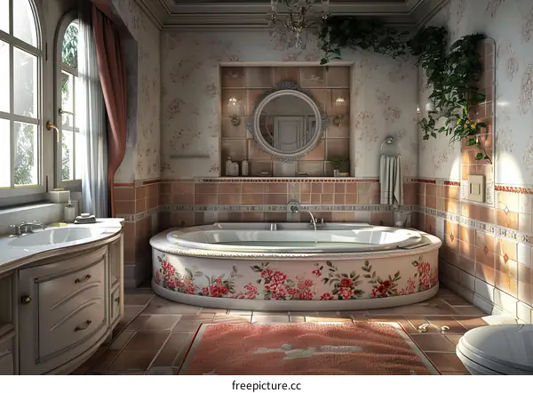 Vintage Floral Bathroom Illustration