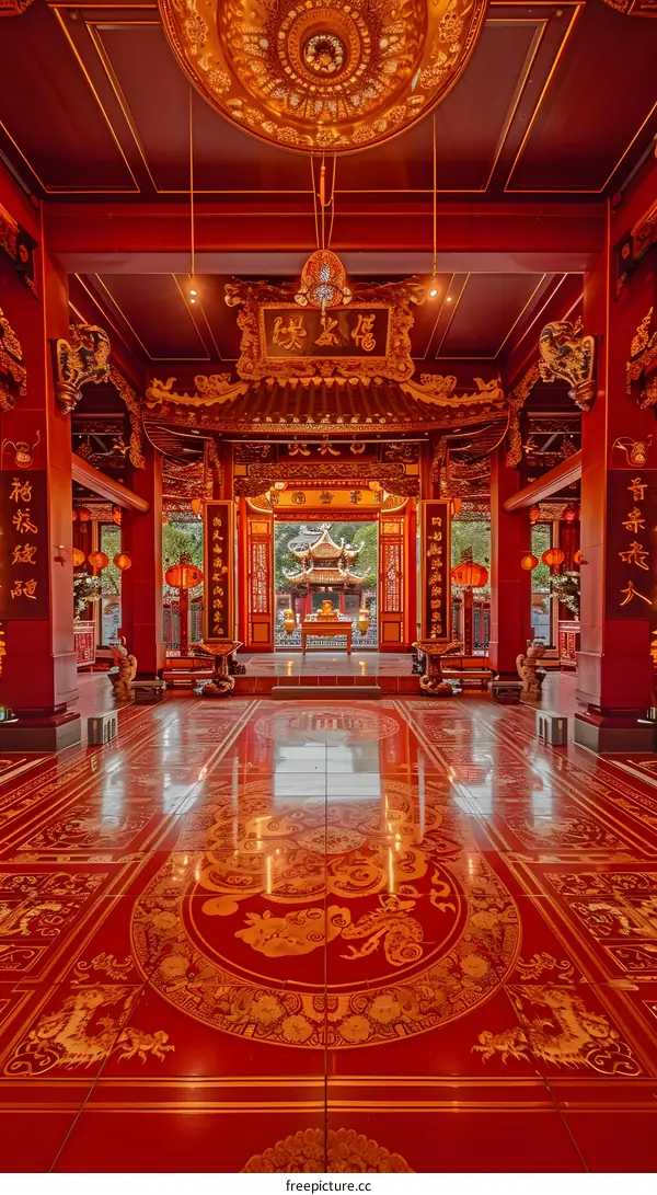 Traditional Chinese Temple Interior with Red and Gold Decor