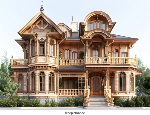 Wooden house with a beautiful carved facade