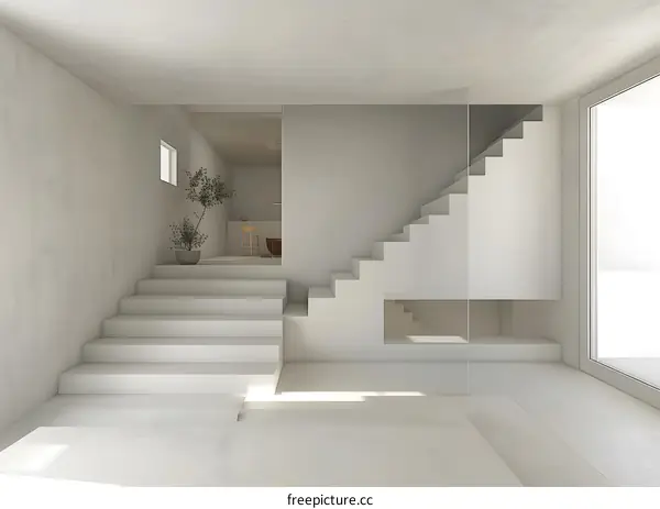 Minimalist White Interior with Staircase and Plant