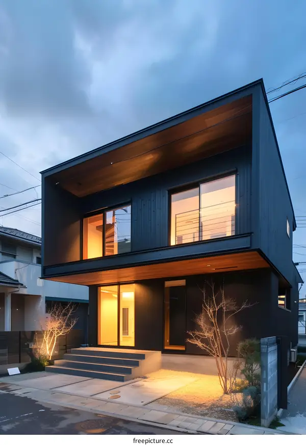 Modern Black House Exterior with Warm Lighting
