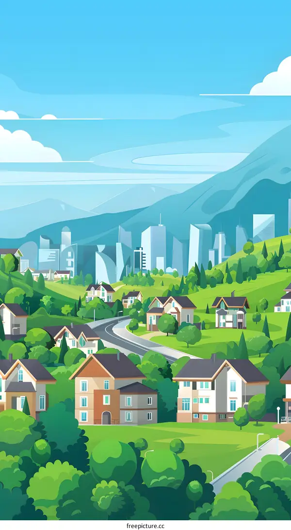 Illustration of Green Suburban Landscape With Cityscape in the Background