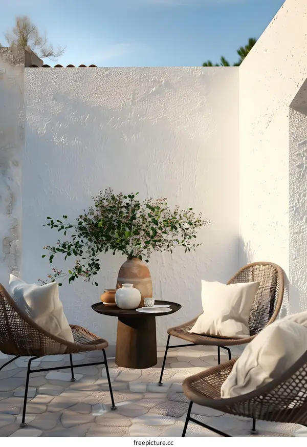 Minimalist Patio Design with Rattan Chairs and White Walls