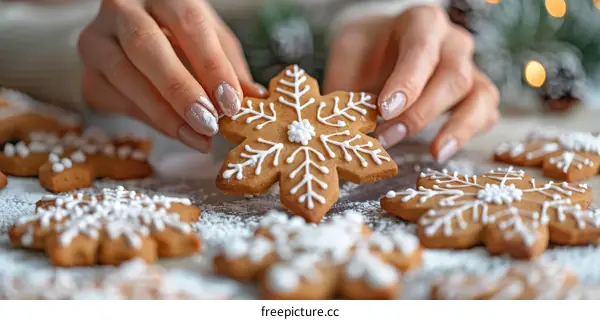 Close-up of a Woman Holding a Snowflake-shaped Gingerbread Cookie