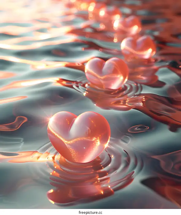 Pink hearts floating on the lake
