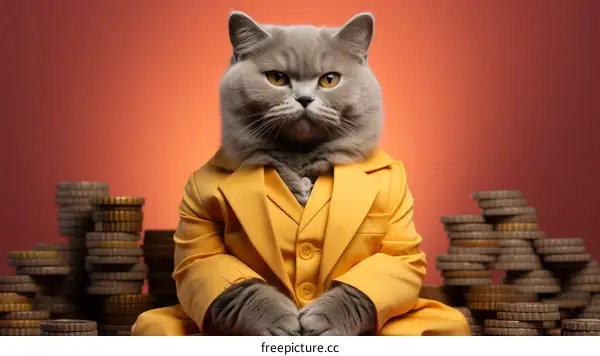 A Gray Cat in a Yellow Suit Sitting on a Pile of Money