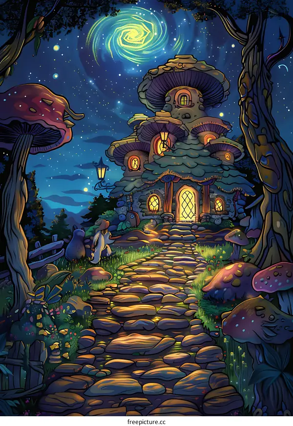 Fantasy Mushroom House Night Illustration