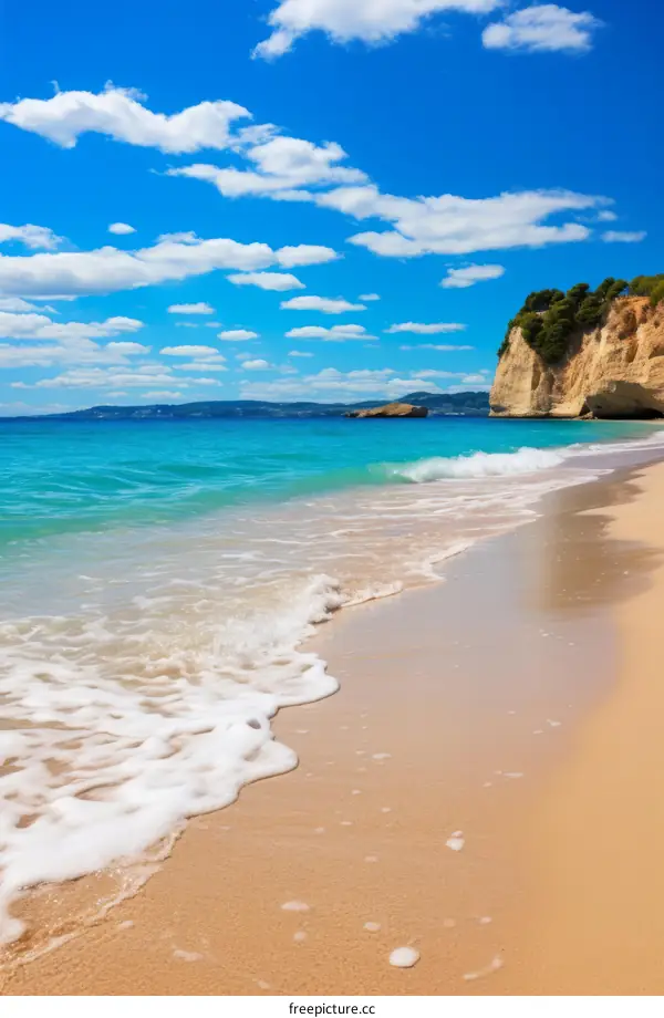sandy beach with turquoise sea and green trees on a sunny day