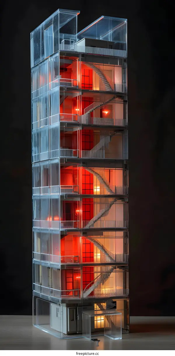 Modern Transparent Building Model with Red Lights
