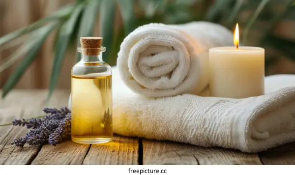 Spa composition with aroma oil, candle and towels on wooden background
