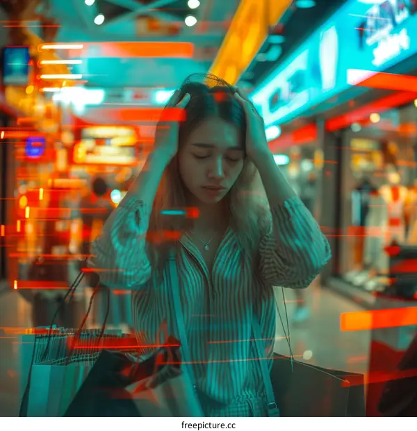 A young woman is standing in a shopping mall, holding her head in her hands. She looks stressed and overwhelmed.