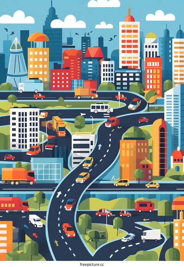 Cityscape with Winding Roads and Buildings Illustration