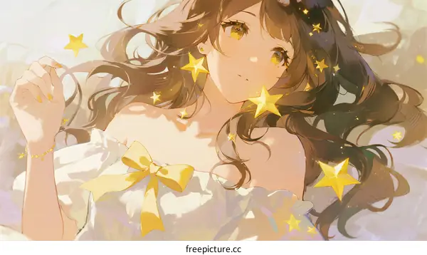 A Young Girl with Long Curly Brown Hair Adorned with Golden Stars