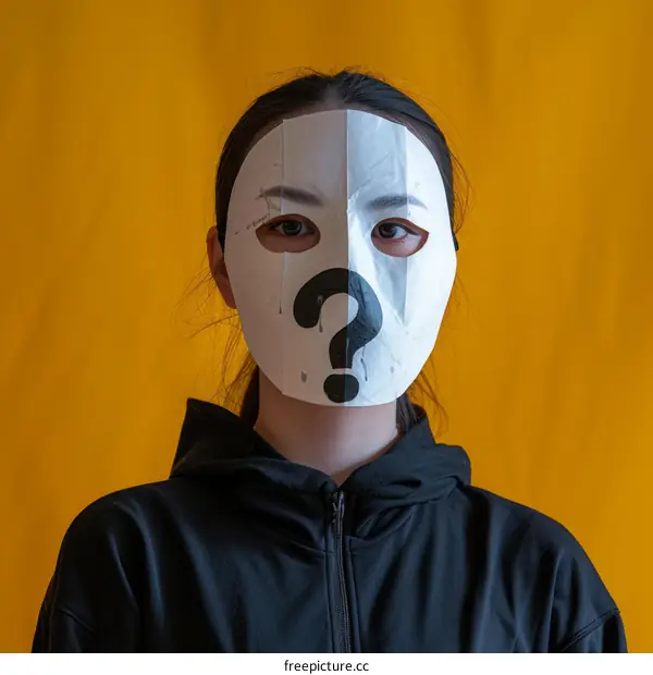 A woman wearing a mask with a question mark on it