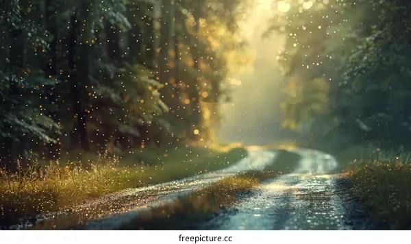 Country road through a dense green forest with bright sunlight shining through the trees