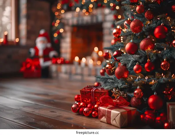Christmas Tree Decorated with Red Ornaments and Presents
