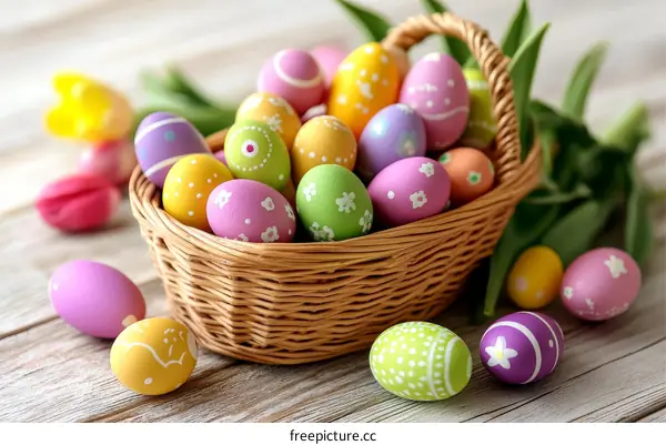 Colorful Easter Eggs in a Basket on Wooden Table